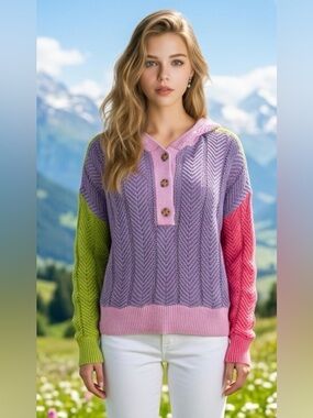 Colorblock Hooded Knit Sweater - Lavender, Pink, Lime, Coral